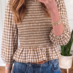 Brown 3/4 Sleeve Shirred Plaid Peplum Top
