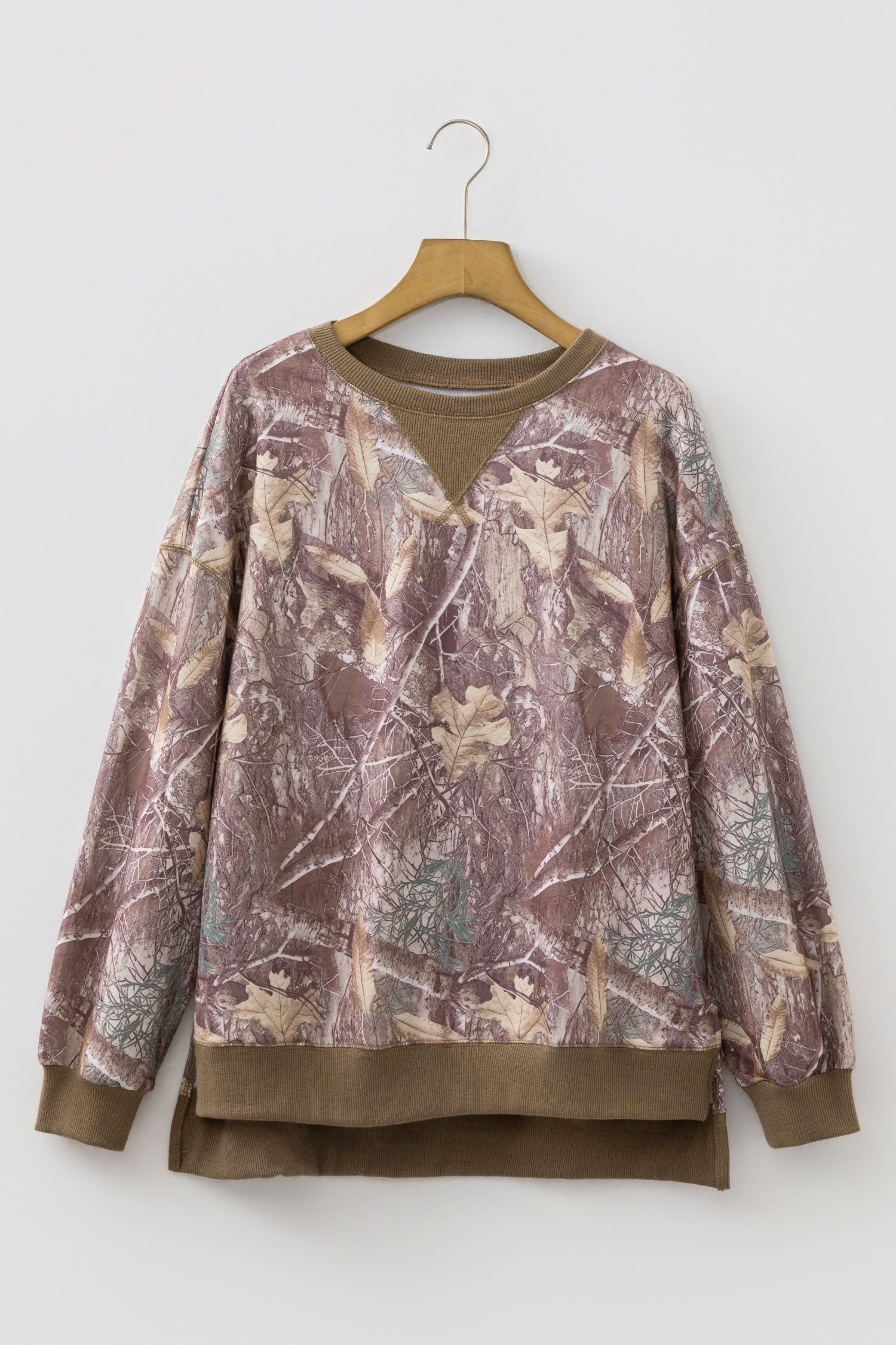 Brown Abstract Camo Print Color Block Detail Baggy Pullover Sweatshirt