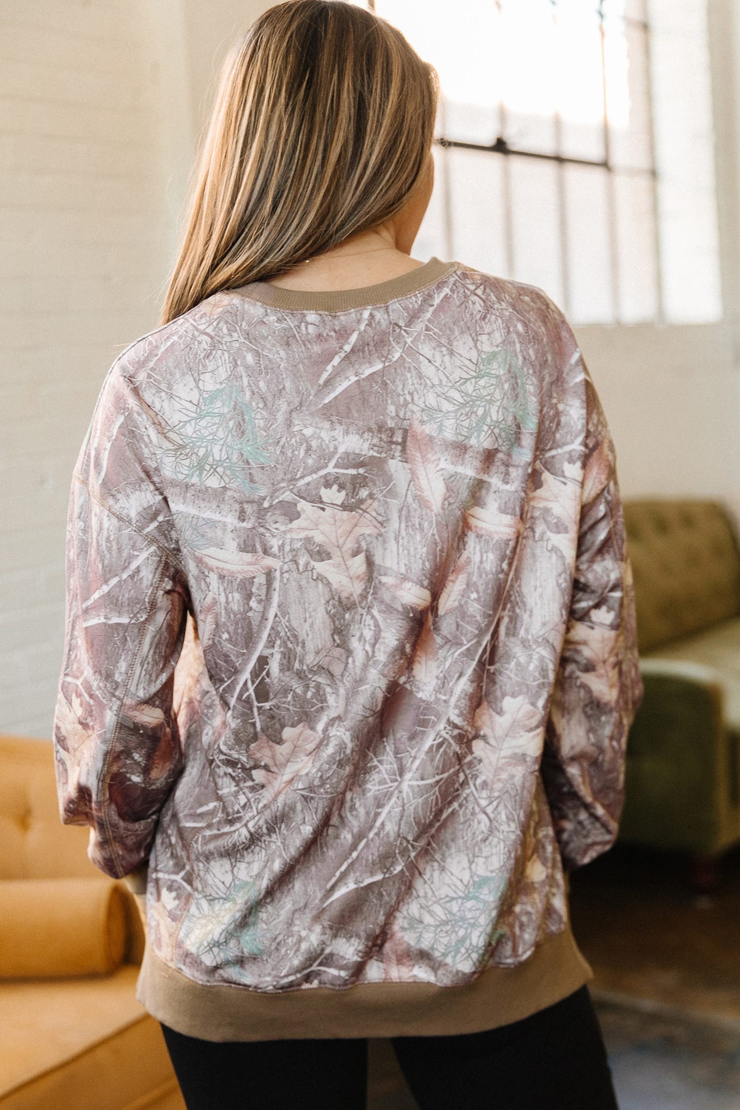 Brown Abstract Camo Print Color Block Detail Baggy Pullover Sweatshirt