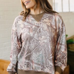 Brown Abstract Camo Print Color Block Detail Baggy Pullover Sweatshirt