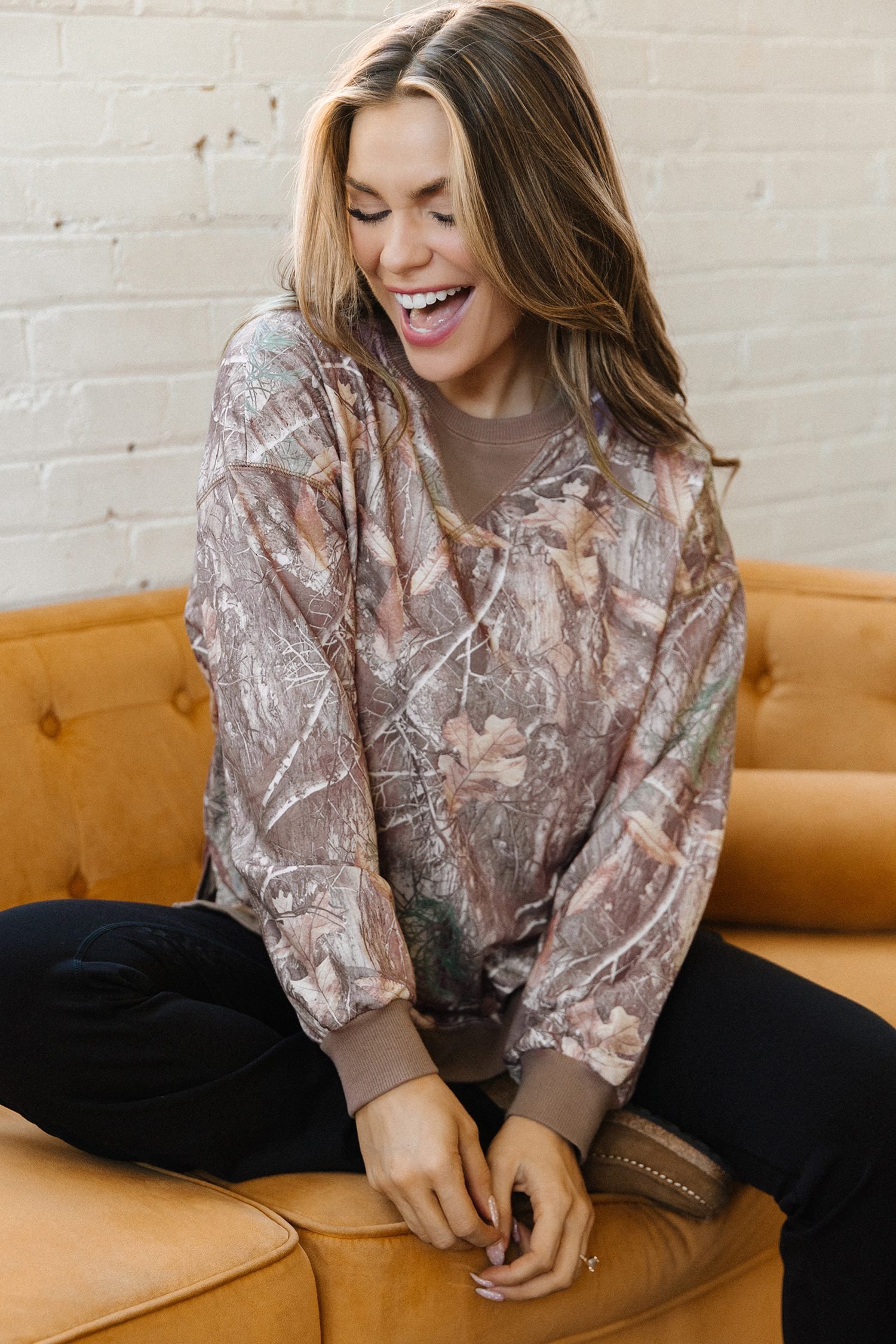 Brown Abstract Camo Print Color Block Detail Baggy Pullover Sweatshirt