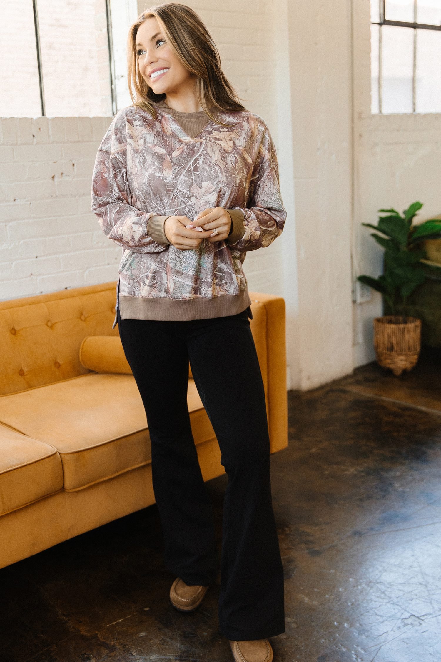 Brown Abstract Camo Print Color Block Detail Baggy Pullover Sweatshirt