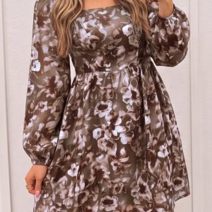 Brown Abstract Floral Print Square Neck Long Sleeve Mini Shift Dress