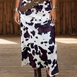Brown Abstract Print Western Long Metal Zip-Up Waist Daily Wear Skirt