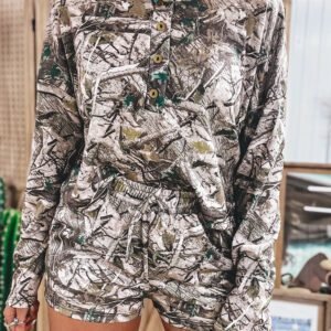 Brown Camo Long Sleeve Top Elastic Waist Shorts Two Piece Set