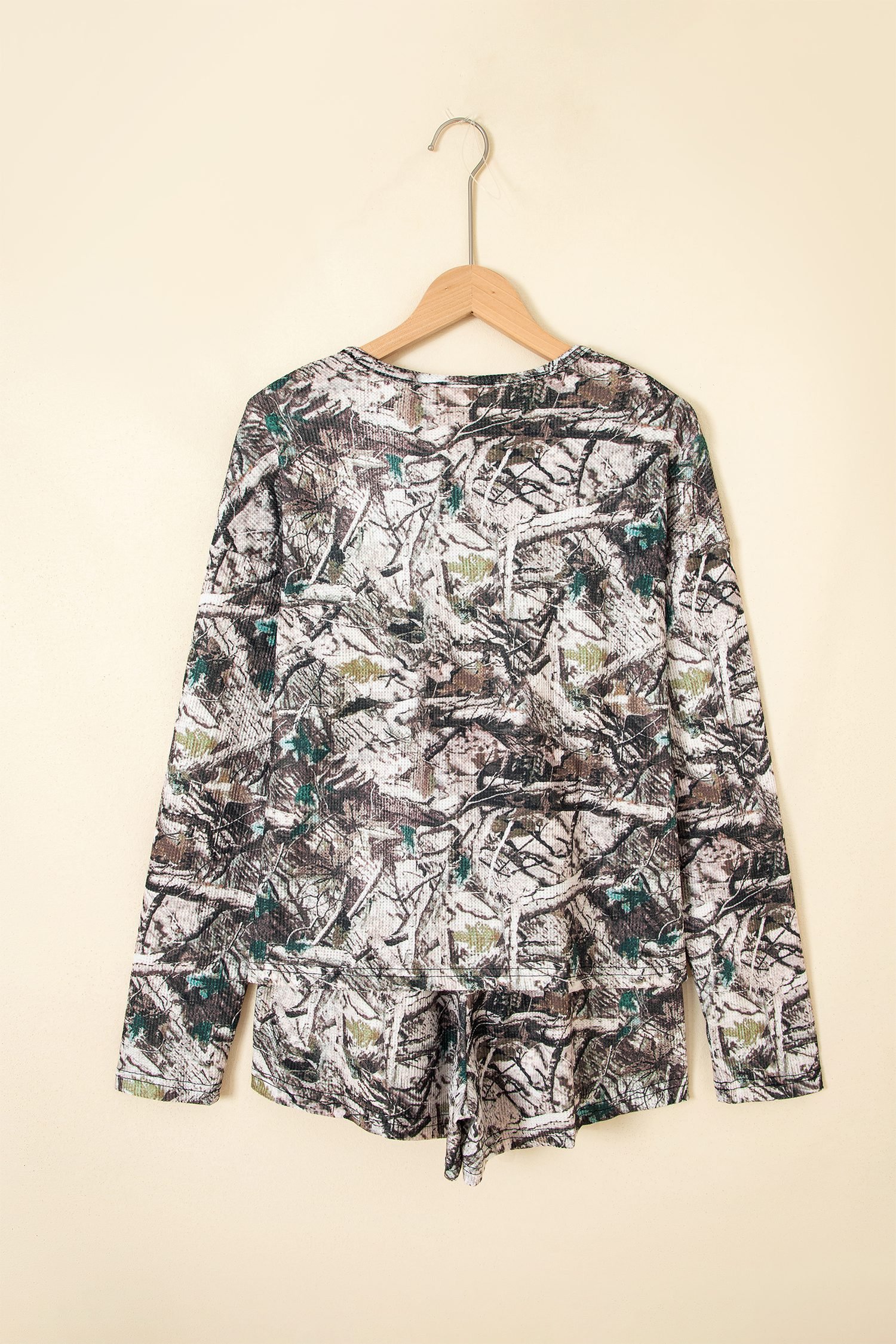 Brown Camo Long Sleeve Top Elastic Waist Shorts Two Piece Set