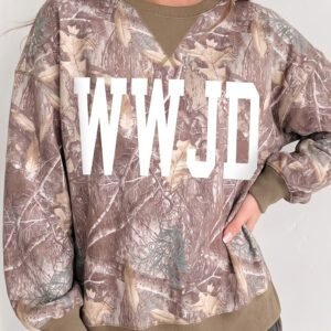 Brown Casual Camo WWJD Graphic Slit Sweatshirt