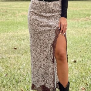 Brown Cheetah Print Trim Split Long Western Skirt