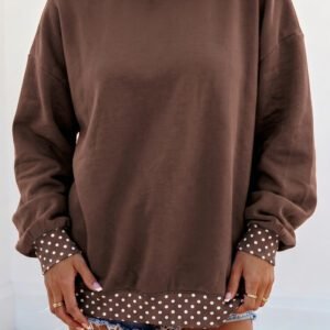 Brown Colorblock Polka Dot Contrast Trim Oversized Sweatshirt