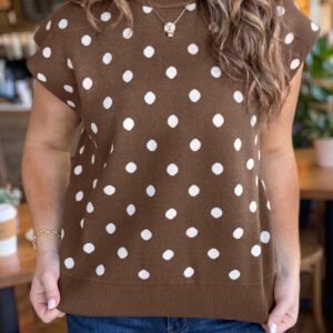 Brown Dolman Short Sleeve Round Neck Polka Dot Sweater