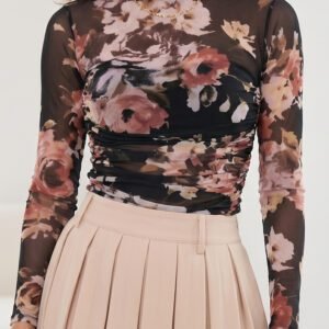 Brown Floral Mesh Long Sleeve High Neck Bodysuit