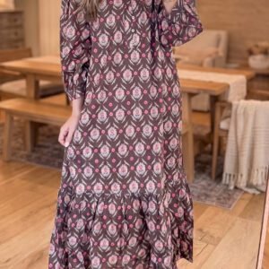 Brown Floral Print Button Front Ruffle Hem Midi Dress