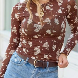 Brown Floral Print Sheer Mesh Long Sleeve Top