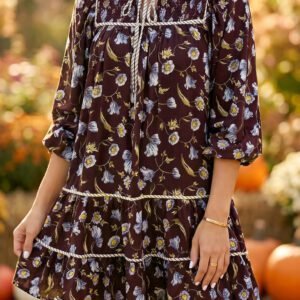 Brown Floral Print Shirred V Neck Shift Dress