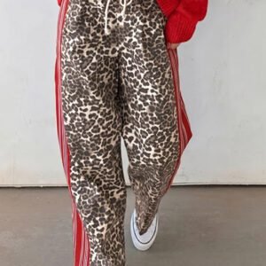Brown Leopard Patchwork Elastic Waist Jeans