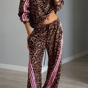Brown Leopard Print Contrast Striped Detail Long Sleeve Top Pant Set