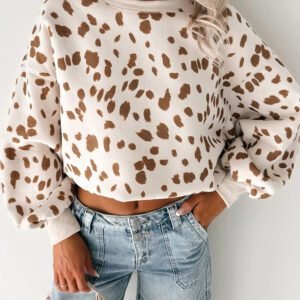 Brown Leopard Print Dropped Shoulder Round Neck Casual Sweatshirt