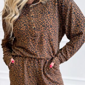 Brown Leopard Print Long Sleeve Henley Top Elastic Waist Shorts 2pcs Outfit