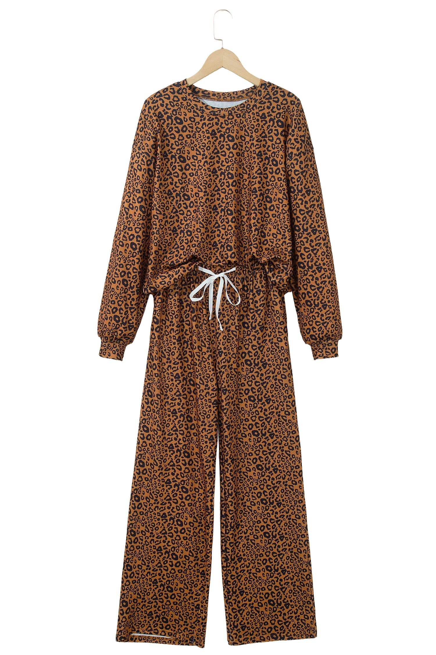 Brown Leopard Print Long Sleeve Top Relaxed Pant Set