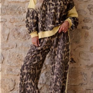 Brown Leopard Print Long Sleeve V-Neck Wide Leg Pant Set