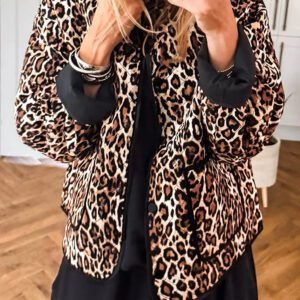 Brown Leopard Print Quilted Button Front Patch Pockets Jacket