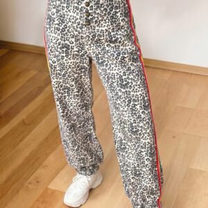 Brown Leopard Print Rainbow Striped Detail Buttoned Loose Jogger Jeans