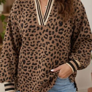 Brown Leopard Print Striped Trim Collar Long Sleeve Shift Pullover