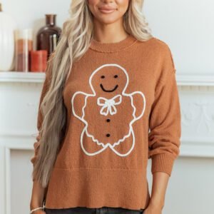 Brown Oversized Drop Shoulder Round Neck Christmas Sweater