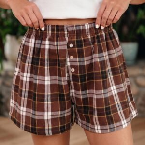 Brown Plaid Button Front Elastic Waist Shorts