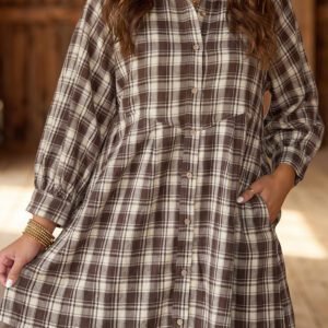 Brown Plaid Long Sleeve Short Shift Mini Dress