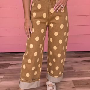 Brown Polka Dot Ankle-Length Metal Button Casual Jeans