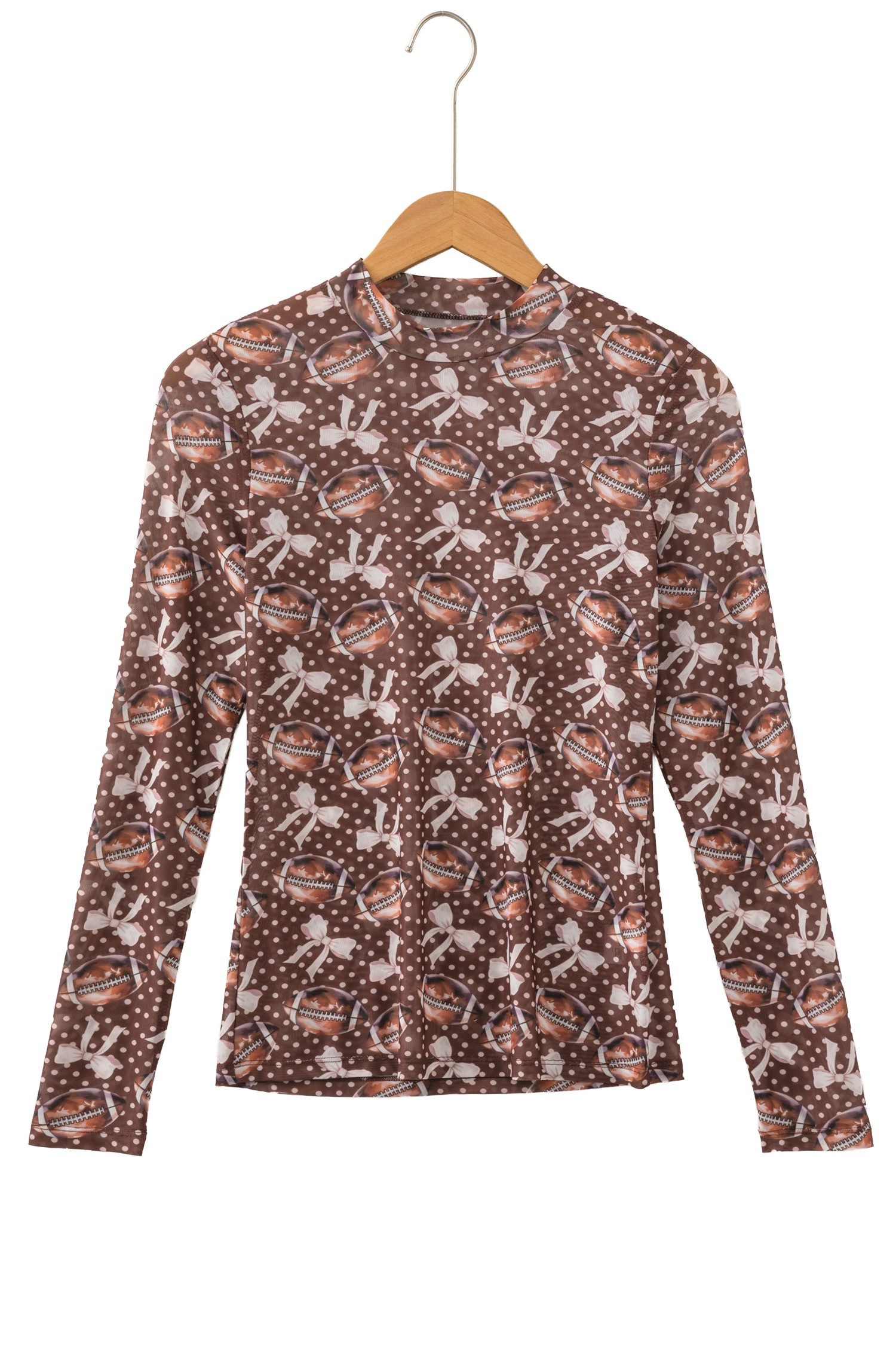 Brown Polka Dot Bow Football Print Long Sleeve Mesh Top