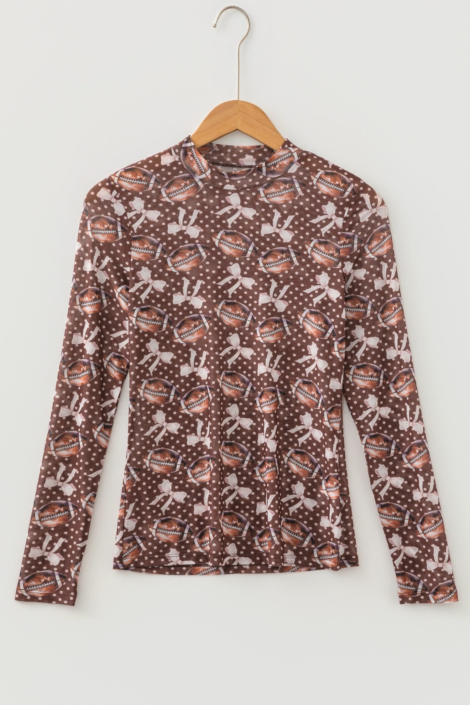 Brown Polka Dot Bow Football Print Long Sleeve Mesh Top