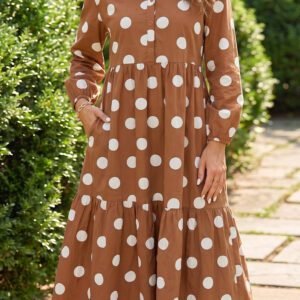 Brown Polka Dot Button Front Long Sleeve Shift Dress