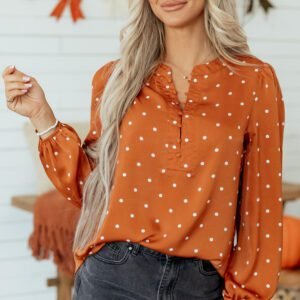 Brown Polka Dot Half Button V Neck Long Sleeve Blouse