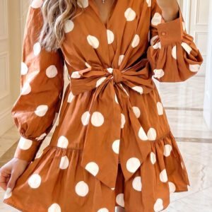 Brown Polka Dot Long Sleeve Tie Waist Casual Shift Mini Dress
