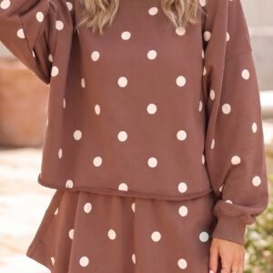 Brown Polka Dot Raw Hem Relaxed Pullover Loose Skort Two Piece Set
