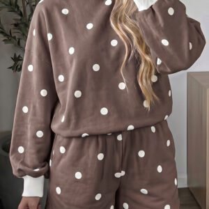Brown Polka Dot Ribbed Trim Long Sleeve Top Casual Short Set