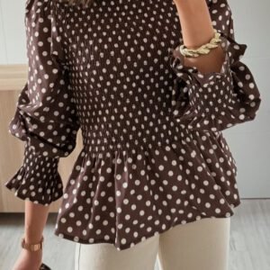 Brown Polka Dot Ruffled High Neck Shirred Ruffle Hem Blouse