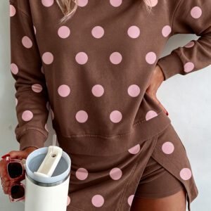 Brown Polka Dot Two Piece Set Long Sleeve Casual Skirt Set