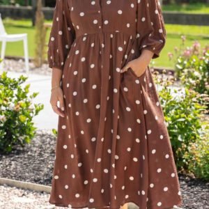 Brown Polka Dot V Neck Abdomen Pocket Gathered Cuffs Long Sleeve Shift Plus Size Dress