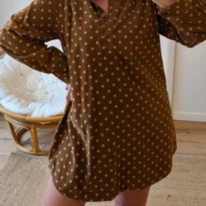 Brown Polka Dot V Neck Long Sleeve Button Shift Dress