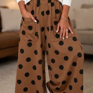 Brown Polka Dot Wide Leg Elastic Waist Casual Pants