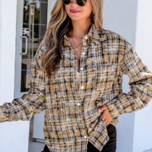Brown Retro Plaid Long Sleeve Button Down Shirt