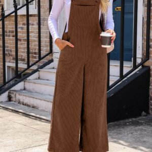 Brown Solid Color Corduroy Wide Leg Bib Overalls