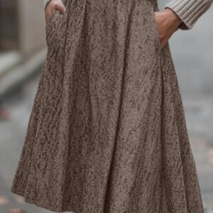 Brown Solid Color Textured Pleated Midi Skirt