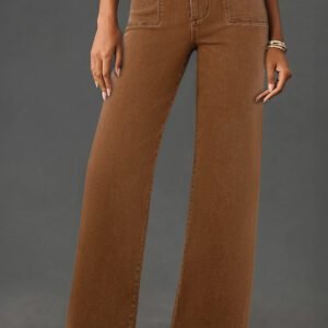 Brown Solid Color Washed Chic Pocket Straight Leg Jeans