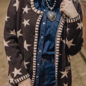 Brown Stars Pattern Colorblock Long Sleeve Shift Cardigan