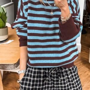 Brown Stripe Color Block Loose Crew Neck Cuffed Sweater