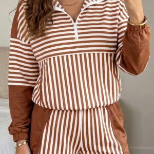 Brown Stripe Color Block Patchwork Quarter Zip Pullover Sporty Shorts Set